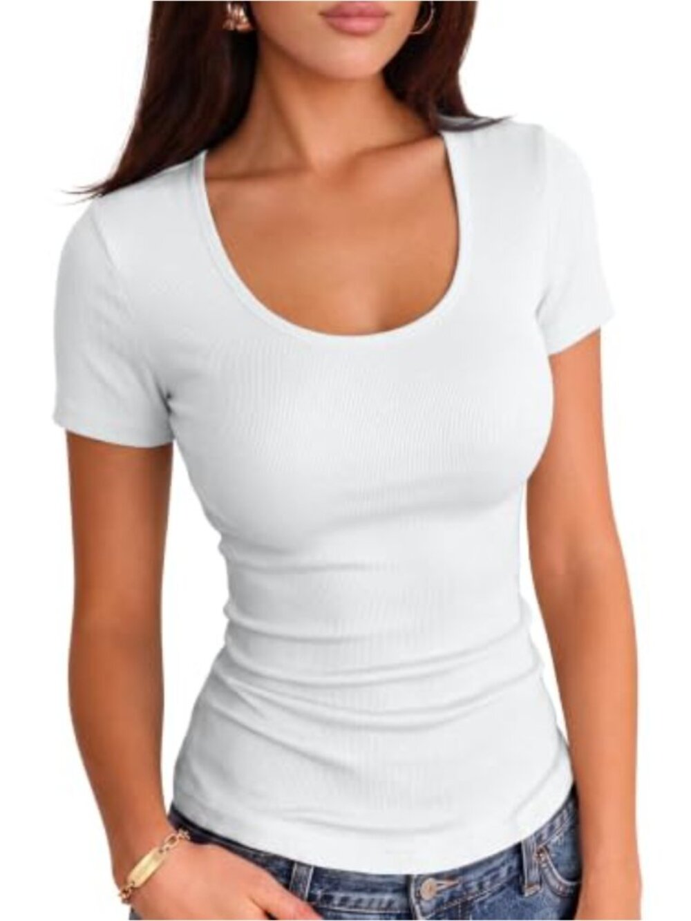 Women's Summer Ribbed Knit Short Sleeve T-Shirt, Scoop Neck Slim Fit Top